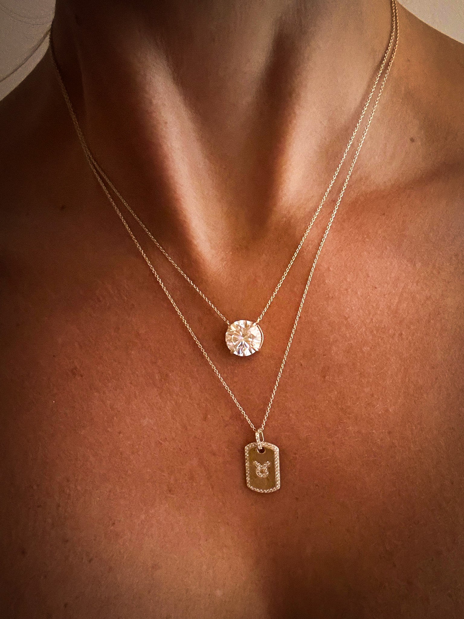 Diamond Initial & Zodiac Dog Tag Necklace