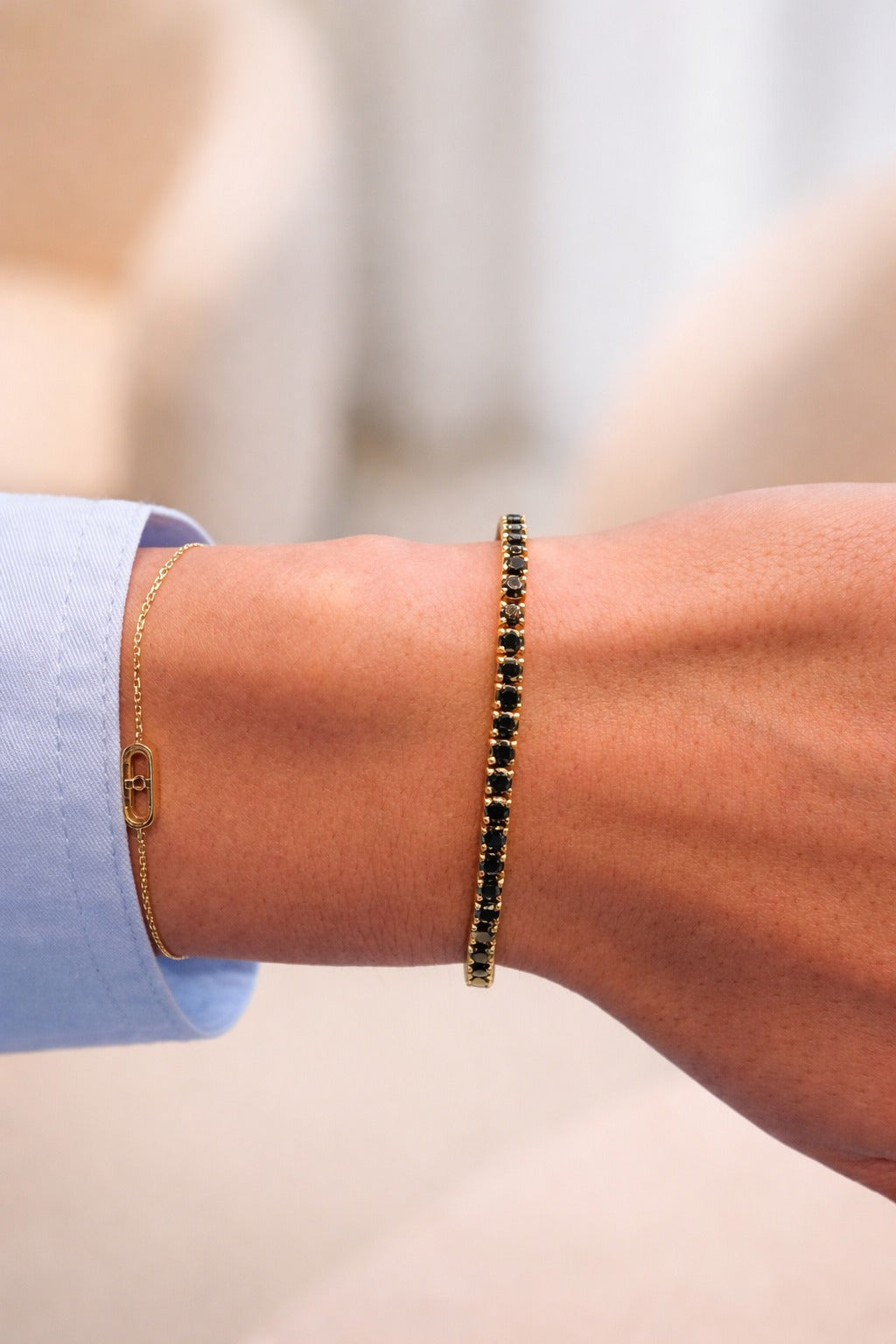 Luxury Tennis Bracelet - 14K Yellow Gold - 3mm Black Diamonds - 18.5cm - +- 6CT total weight